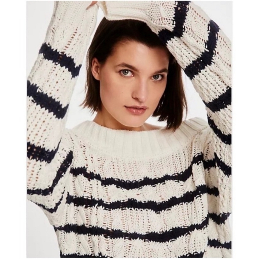 Anthropologie Bella Cable-Knit Cotton Coastal Cropped Sweater Sz XL White Navy
